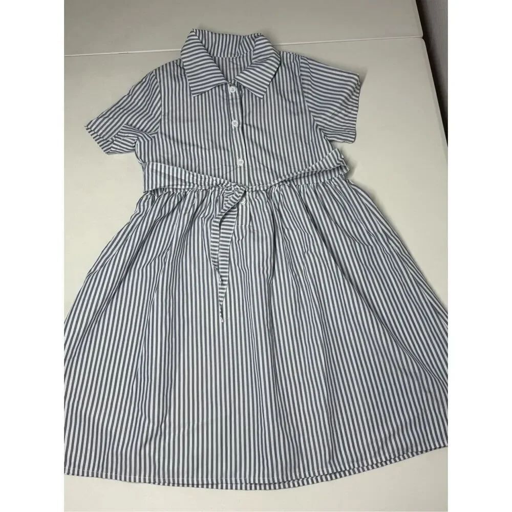 SHEIN Girls Stripped Dress Size 140 EU/ 8-10 US Gray White Belted